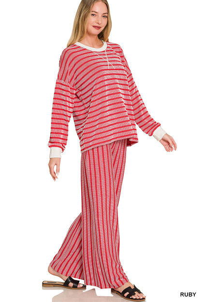 Zenana-RAISED RIB STRIPED PULLOVER & PANTS SET