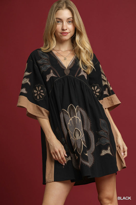 V Neck Flower Embroidery Dress