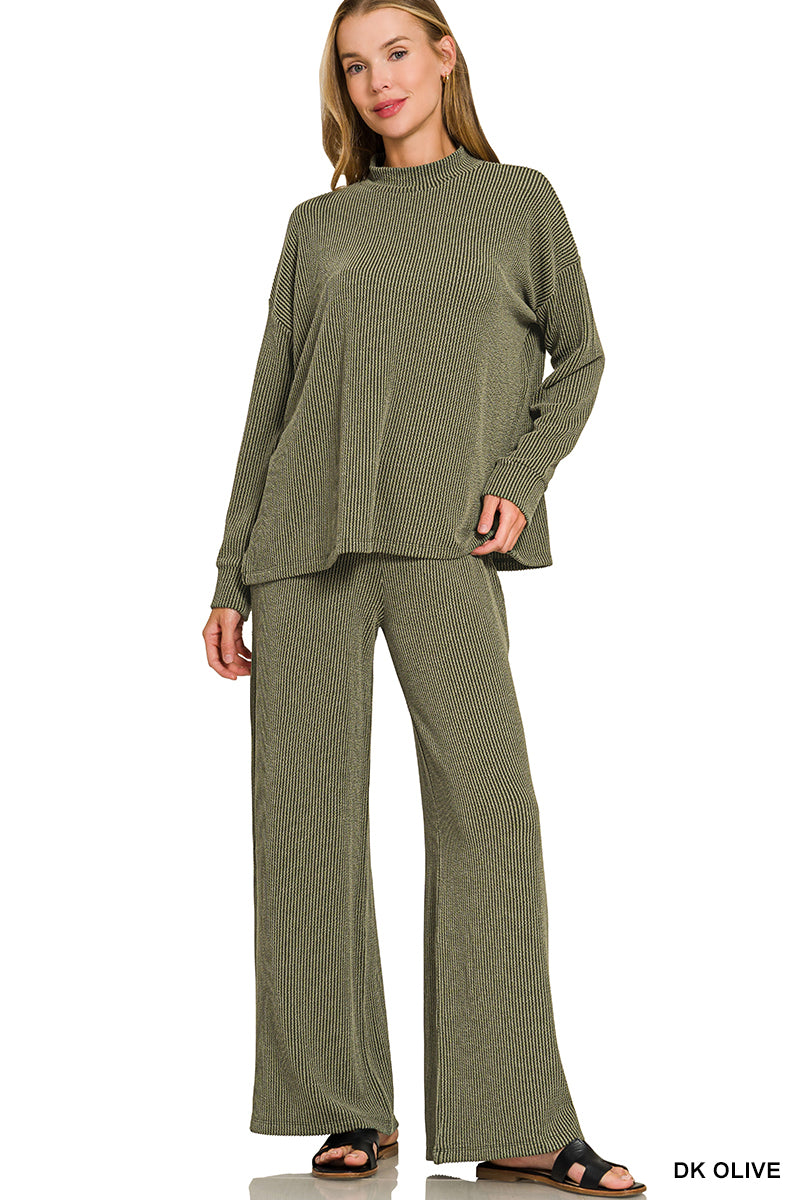 Zenana-RAISED RIB MOCK NECK LONG SLEEVE TEE & PANTS SET