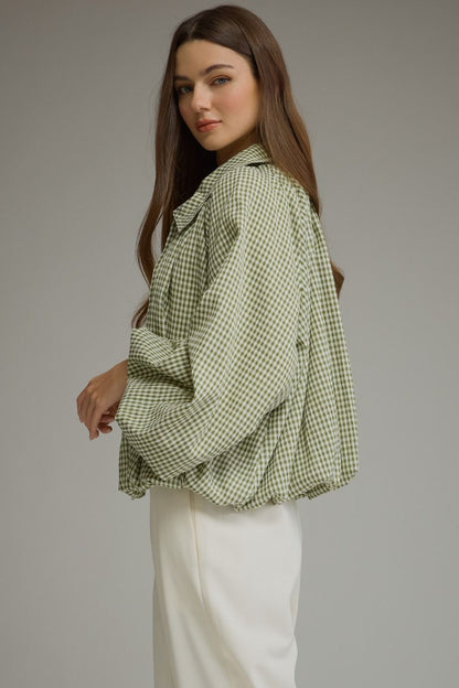 Entro-Gingham long balloon sleeve jacket.