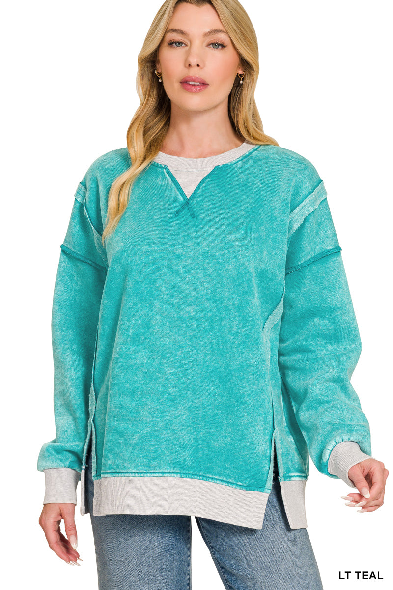 Zenana- FLEECE ACID WASHED CONTRAST TRIM PULLOVER