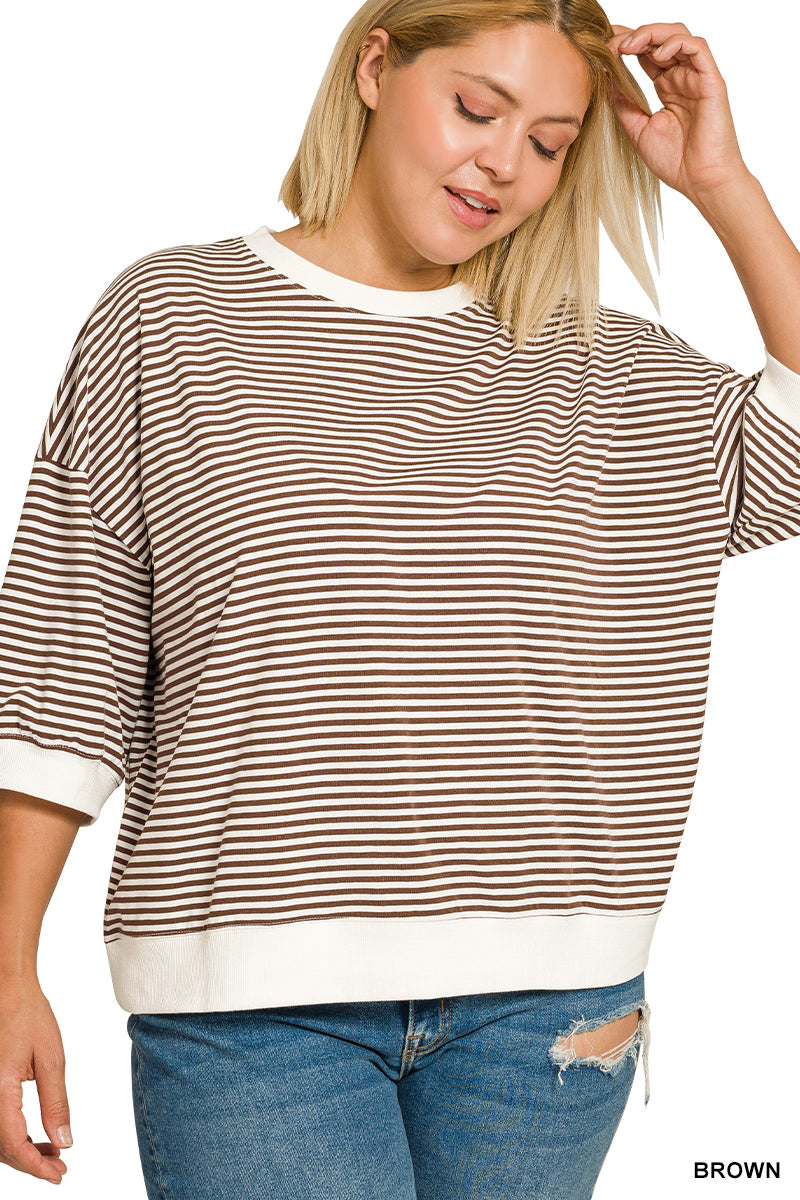 Zenana-PLUS STRIPED CONTRAST TRIM RIB BANDED TOP