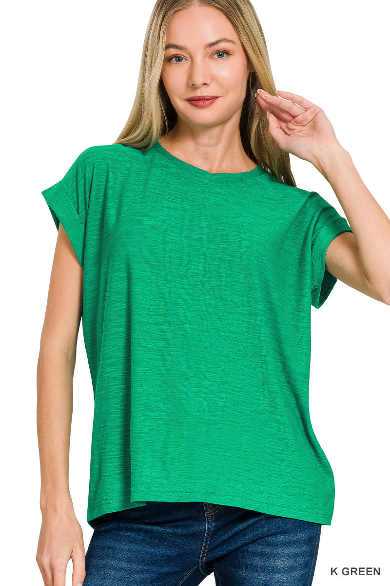 Zenana- SLUB CUFFED SLEEVE TEE