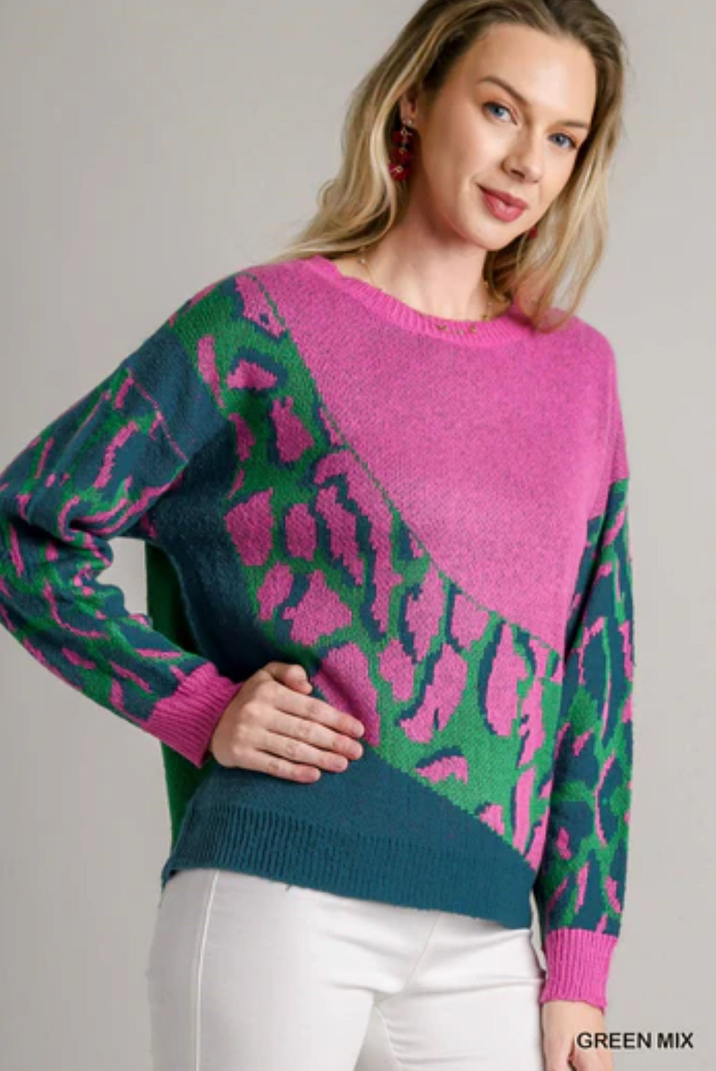 Colorblock leopard pullover sweater for women