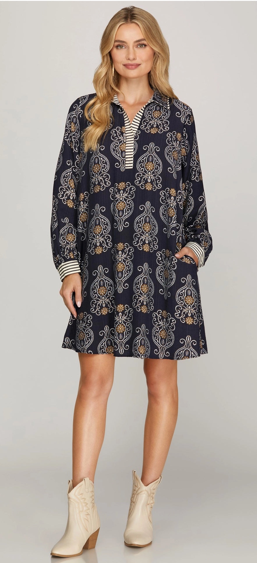 Women’s Long Sleeve Woven Print Mini Dress