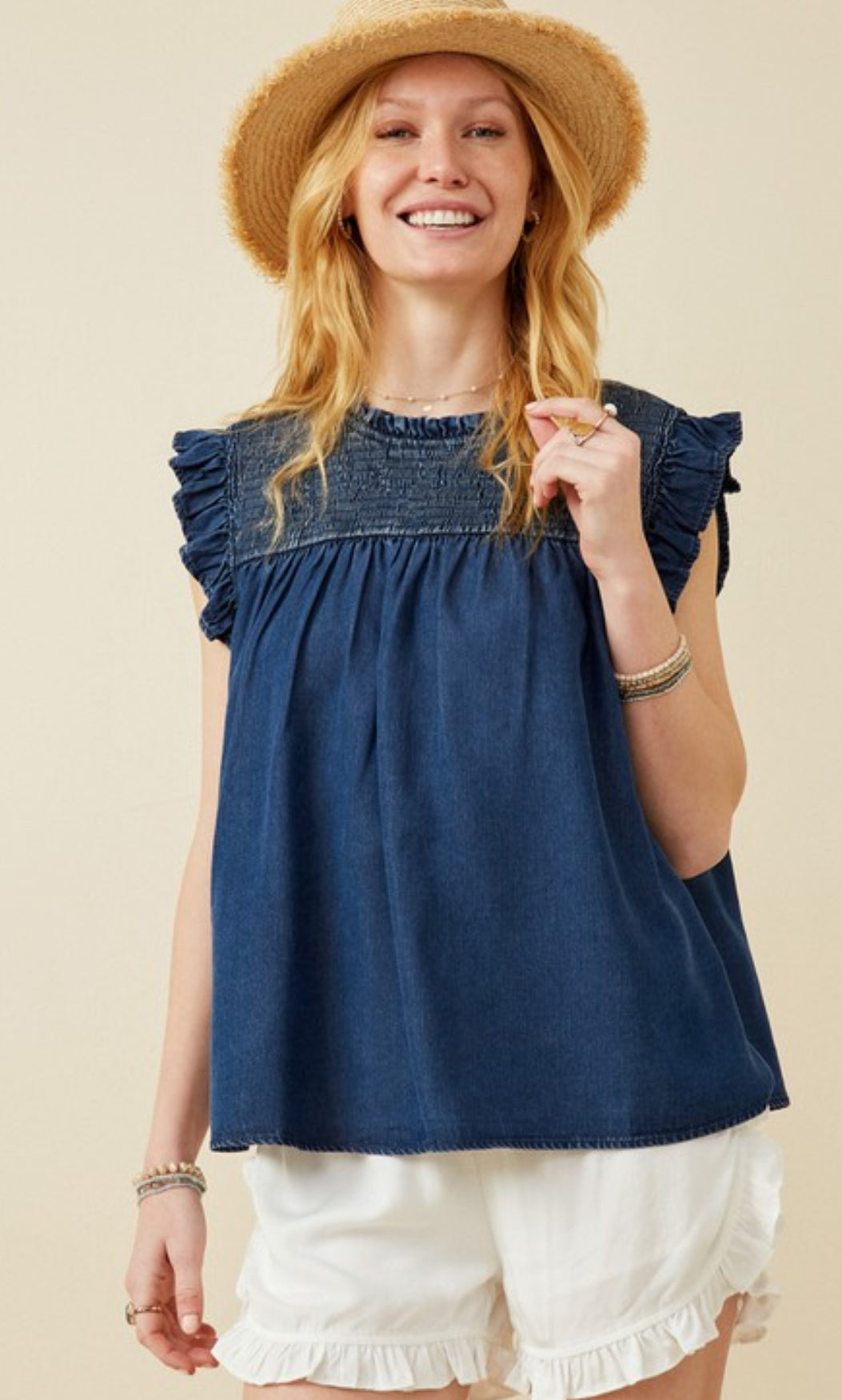 Women’s Washed Denim Smocked Tank