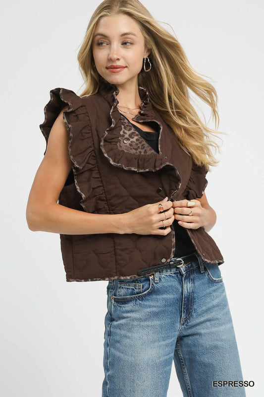 Quilted Ruffle Vest With Leopard Trim