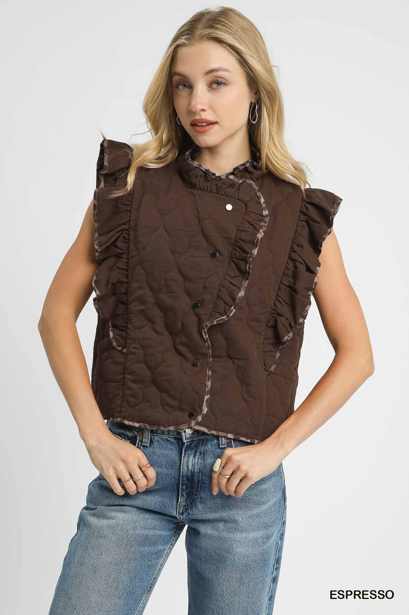 Quilted Ruffle Vest With Leopard Trim