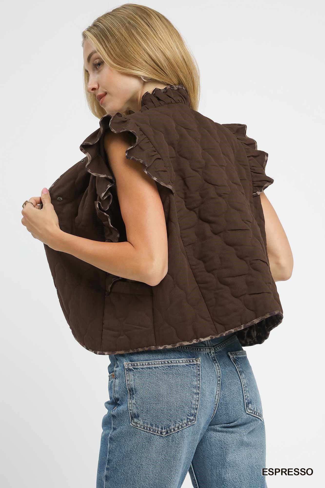 Quilted Ruffle Vest With Leopard Trim