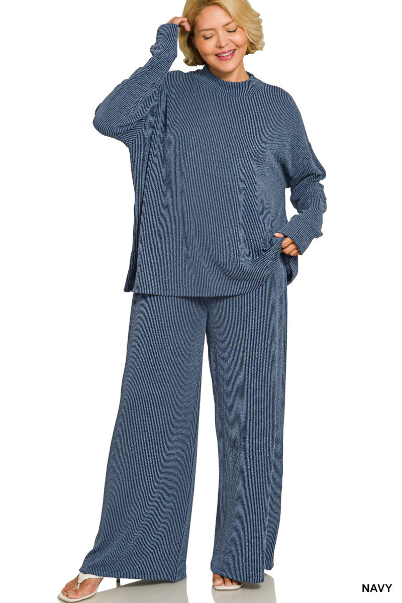 Zenana-PLUS RAISED RIB MOCK NECK LONG SLEEVE TEE & PANTS SET