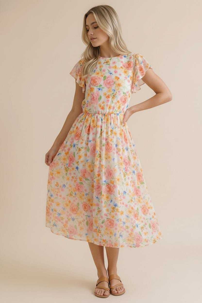 Mesh Lined Coral Floral Dress