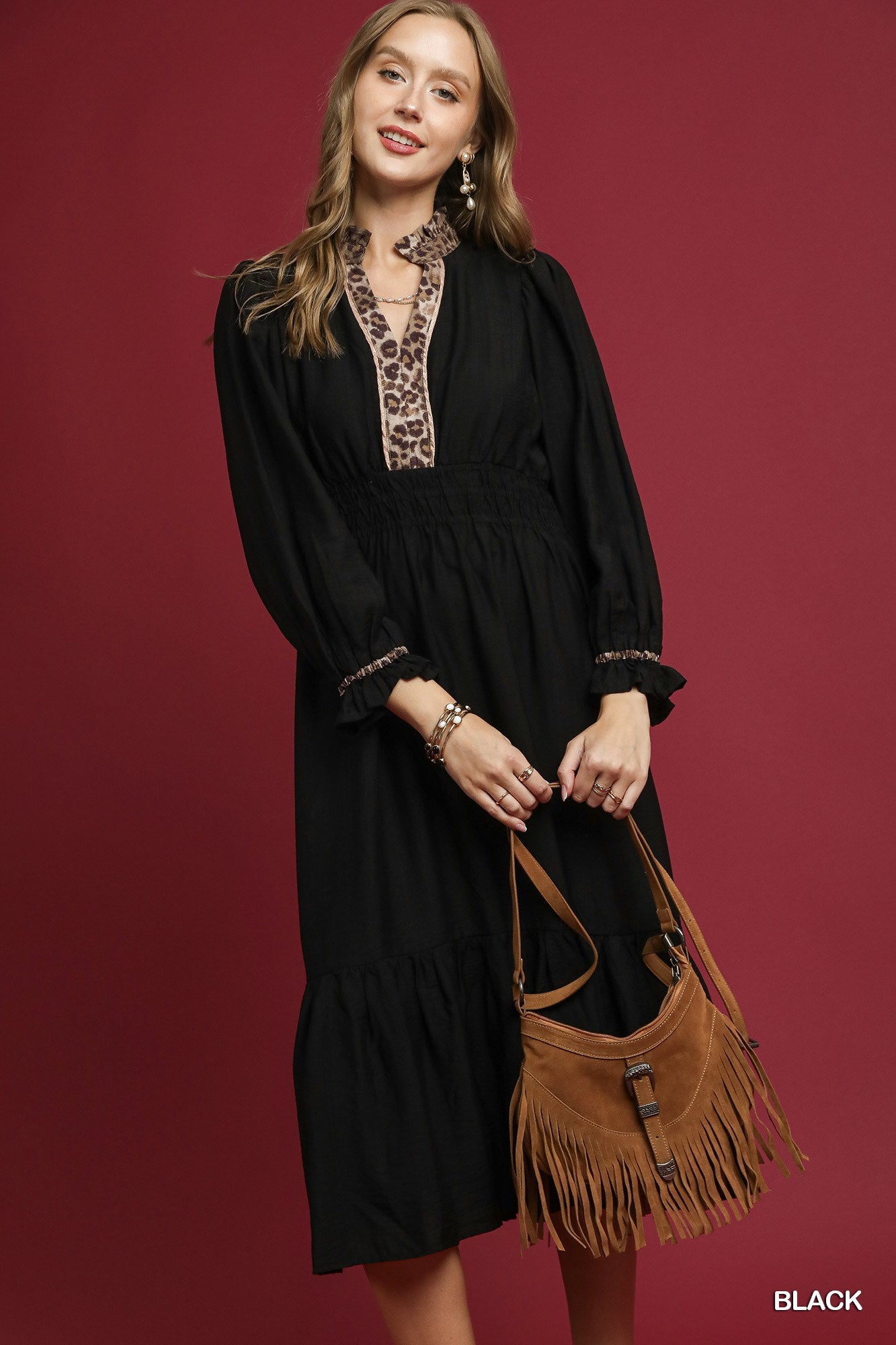 Long Sleeve Ruffle V Neck Dress