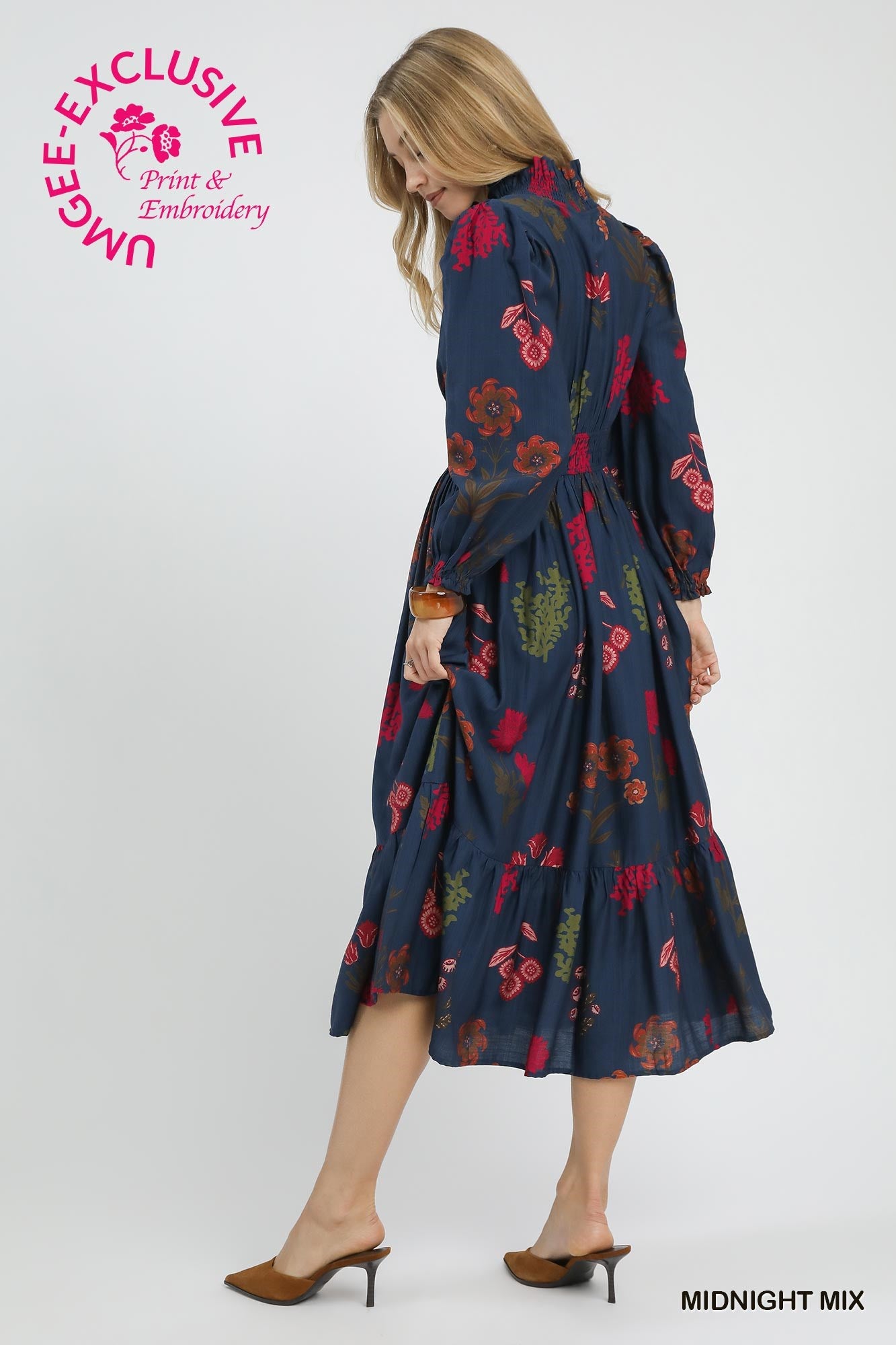 Flower Print Long Sleeve Smocked Ruffle Dress