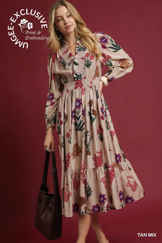 Flower Print Long Sleeve Smocked Ruffle Dress