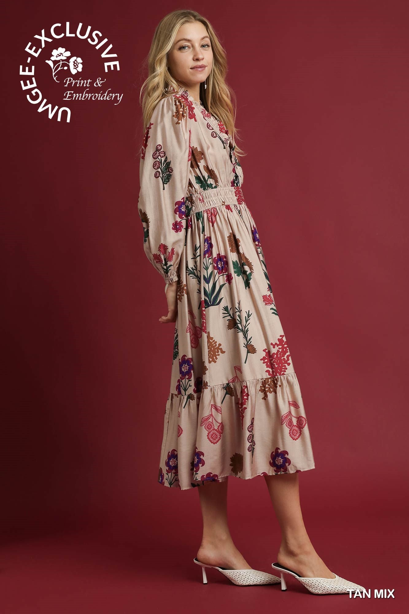 Flower Print Long Sleeve Smocked Ruffle Dress