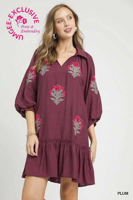 Single Flowers Stem Collared Dress