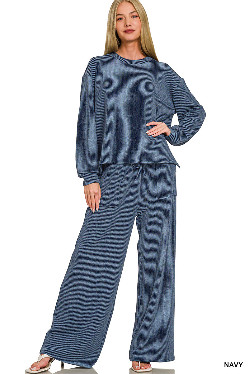 Zenana-Raised Rib pant set w/pockets