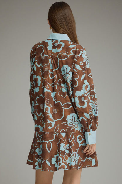 Mocha & Blue Blooms Shirt Dress