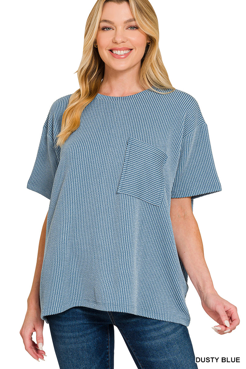 Zenana-RAISED RIB SHORT SLEEVE FRONT POCKET TOP