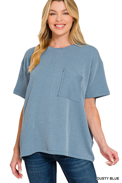 Zenana-RAISED RIB SHORT SLEEVE FRONT POCKET TOP