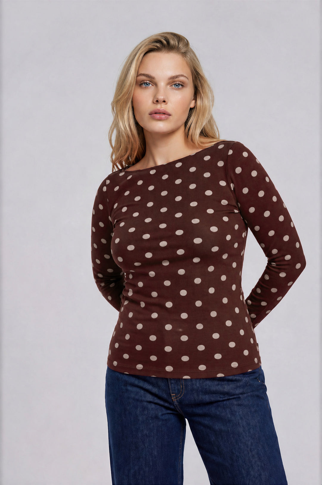 Blu Pepper-POLKA DOT BOAT NECK LONG SLEEVE KNIT TOP