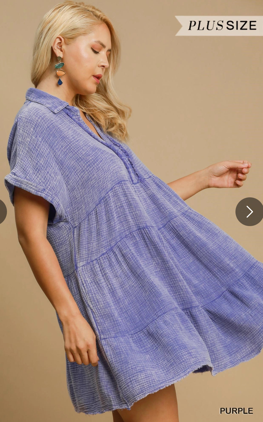 Side view of mineral wash tiered babydoll dress