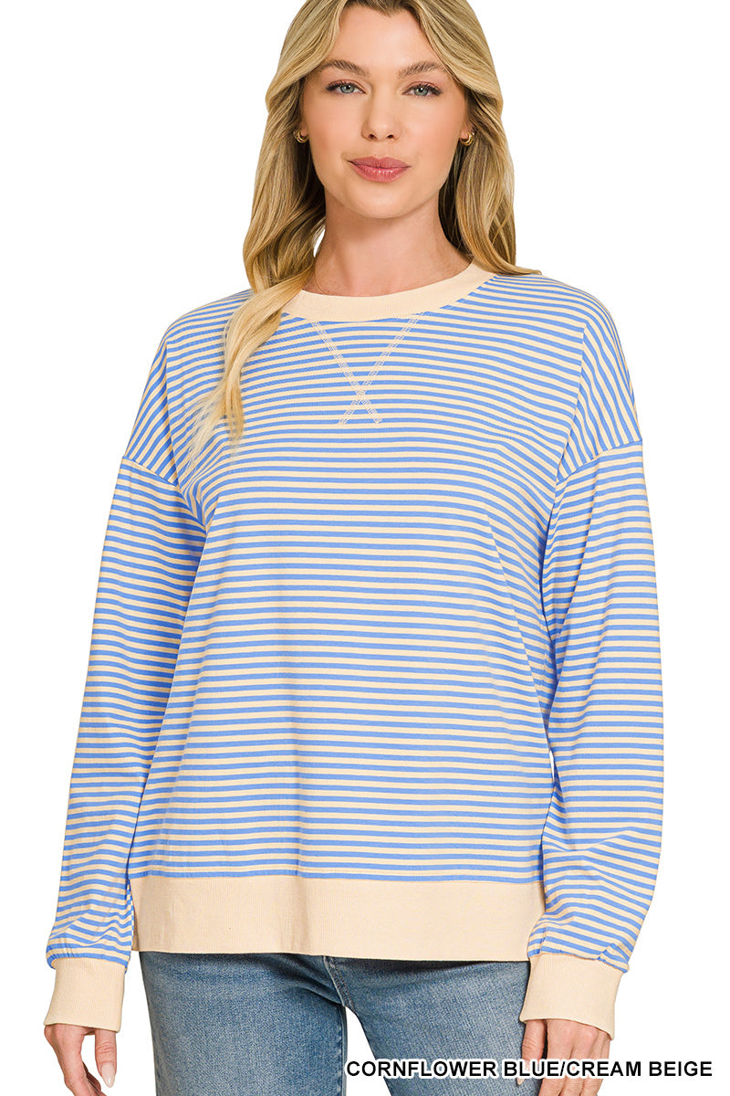 Zenana-STRIPED RIB BANDED PULLOVER