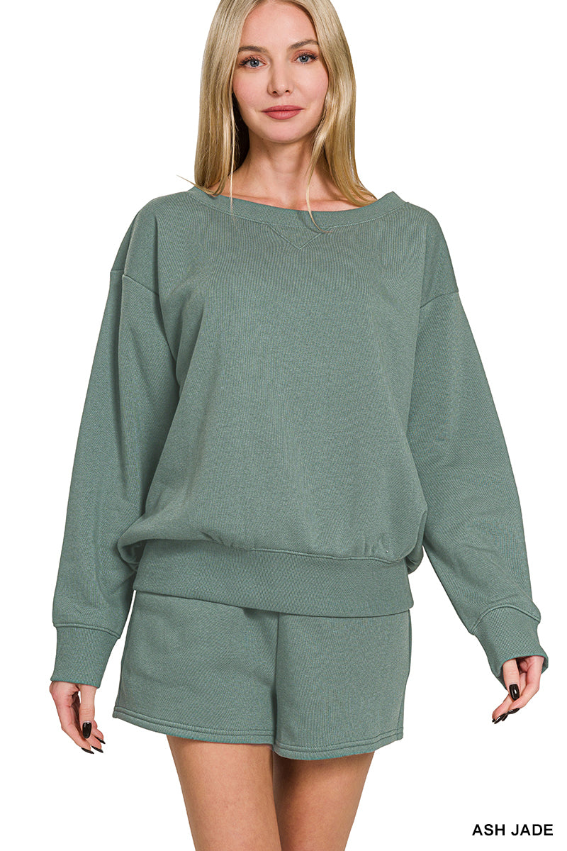 Zenana-FLEECE BOAT NECK SWEATSHIRTS & SHORTS 2PCS SET