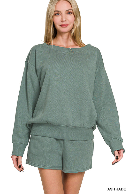 Zenana-FLEECE BOAT NECK SWEATSHIRTS & SHORTS 2PCS SET