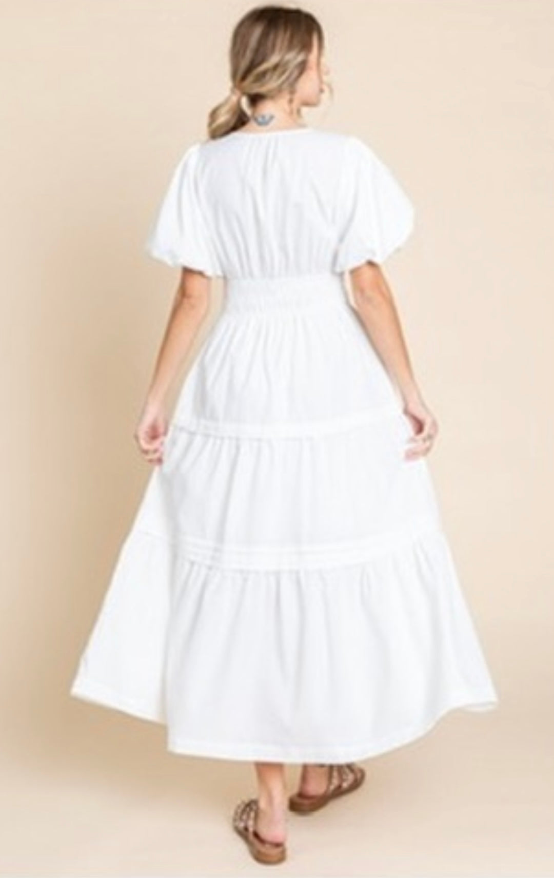 Long tiered dress with puff sleeves