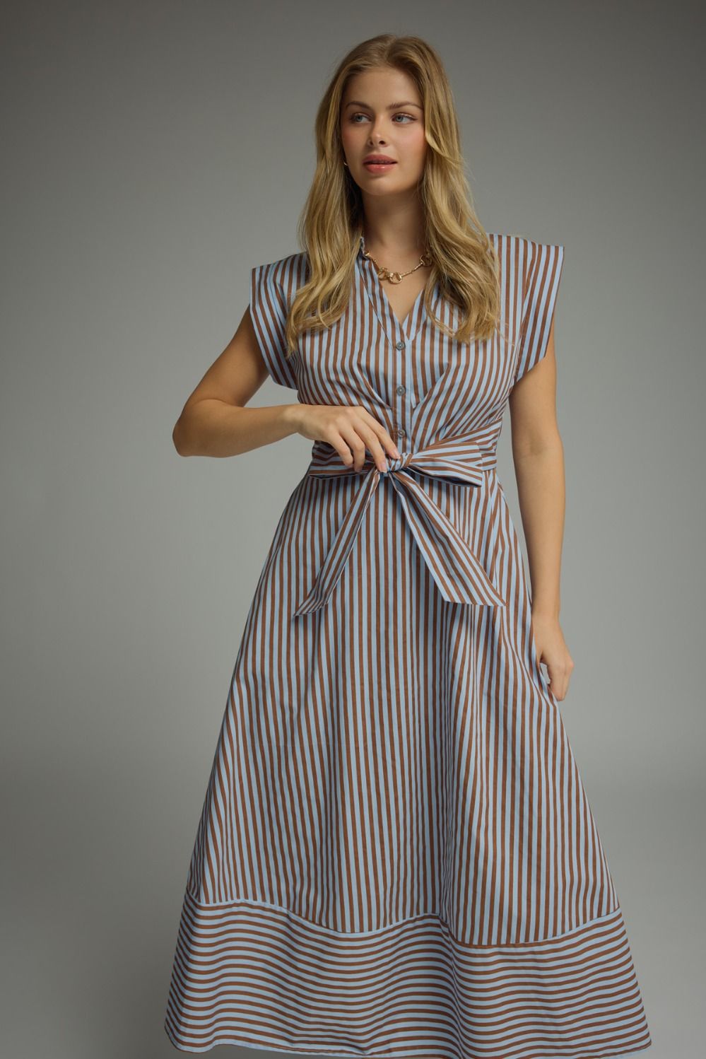 Entro-Striped cap sleeve midi dress.