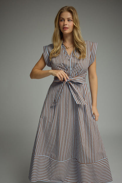 Entro-Striped cap sleeve midi dress.