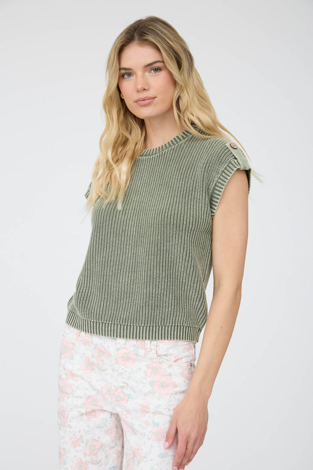 Blu Pepper Acid Wash Tab Sleeve Back Button Knit Top