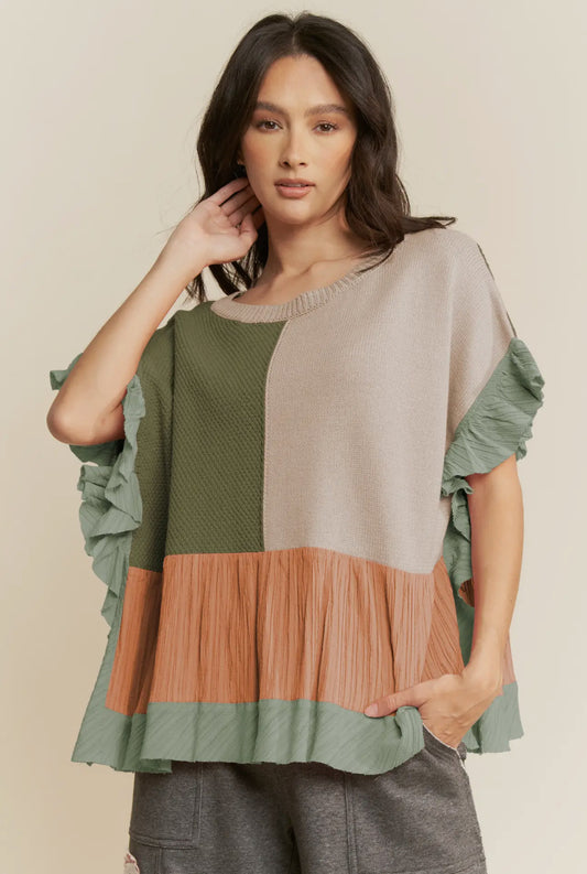 Mixed Fabric Ruffle Detail Sweater Top