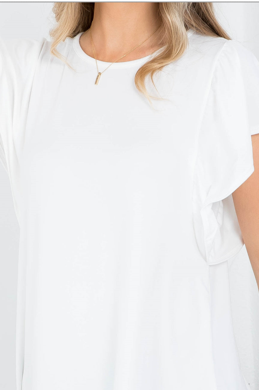 Flutter Sleeve Round Neck Solid Top - Ivory