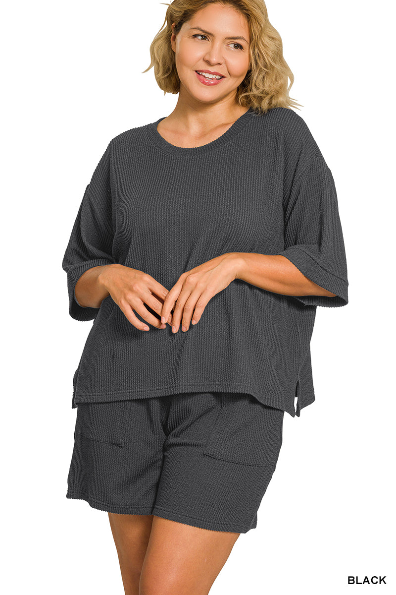 Zenana-PLUS RAISED RIB SHORT SLEEVE TEE & SHORT PANTS SET