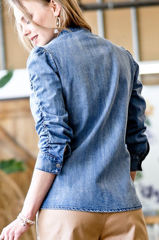 Washed Denim Button Shirring Sleeve Blouse