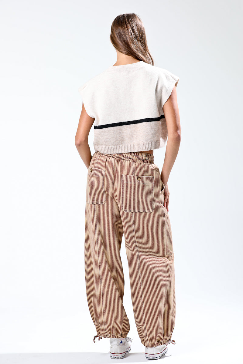 Vintage Washed Elastic Waist Stripe Pants with Drawstring Hem