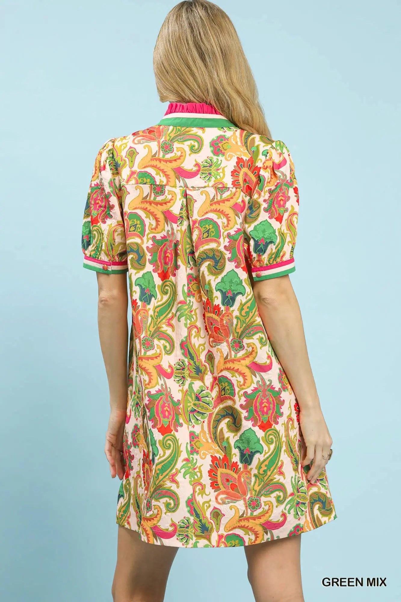 Umgee Jacquared Abstract Print Ruffle Neck Mini Dress
