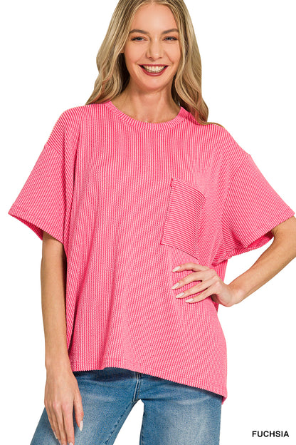 Zenana-RAISED RIB SHORT SLEEVE FRONT POCKET TOP
