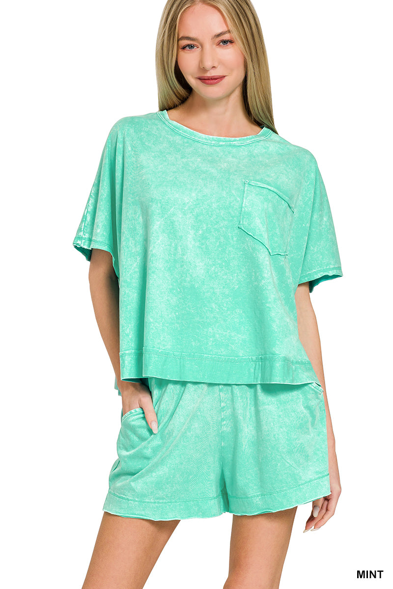Zenana- ACID WASHED OVERSIZED TOP & SHORTS SET