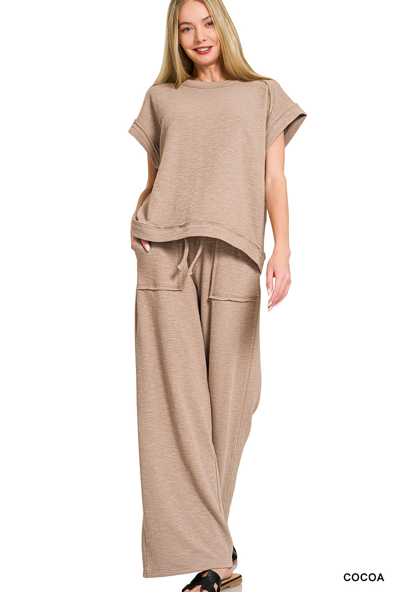 Zenana COTTON SLUB SHORT SLEEVE TEE & LONG PANTS SET