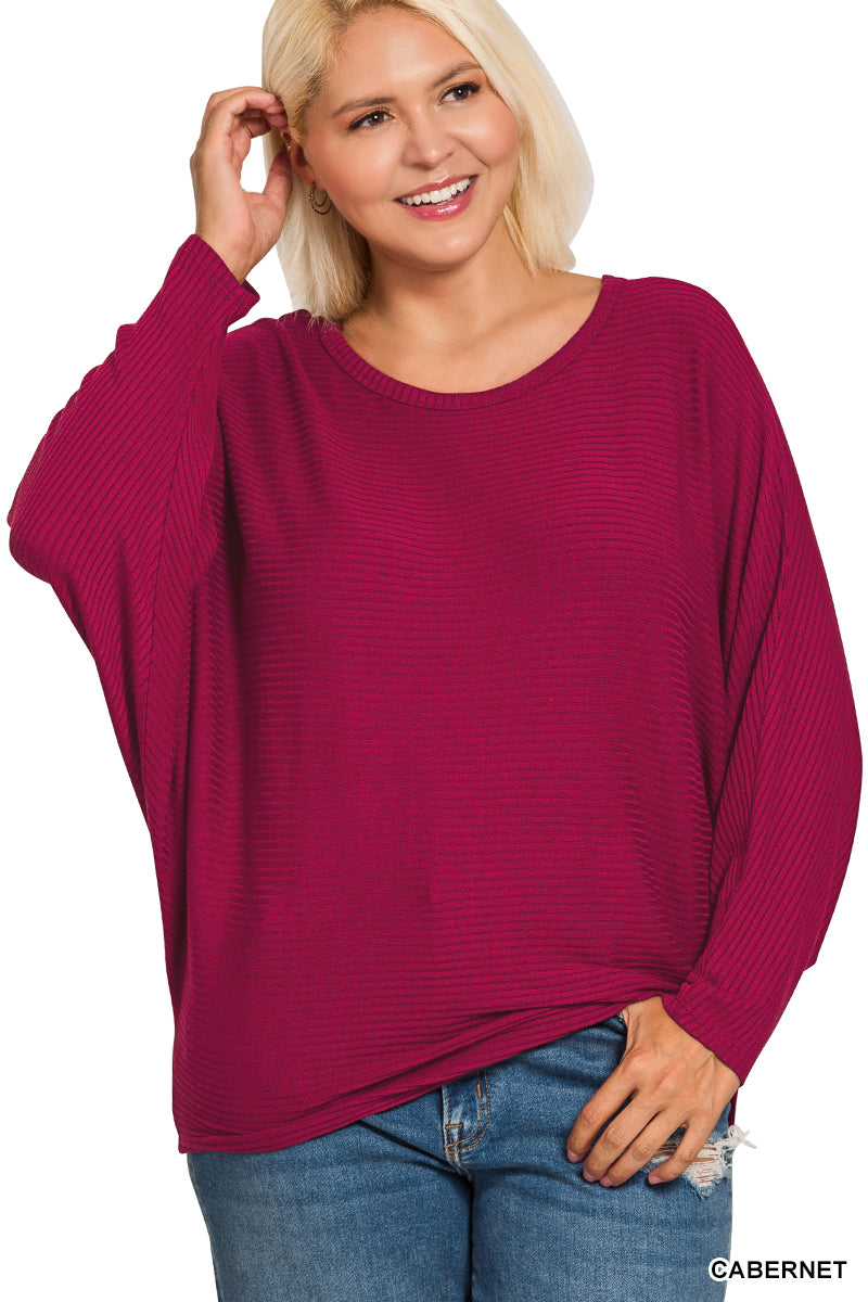 Zenana- PLUS RIBBED BATWING LONG SLEEVE BOAT NECK SWEATER