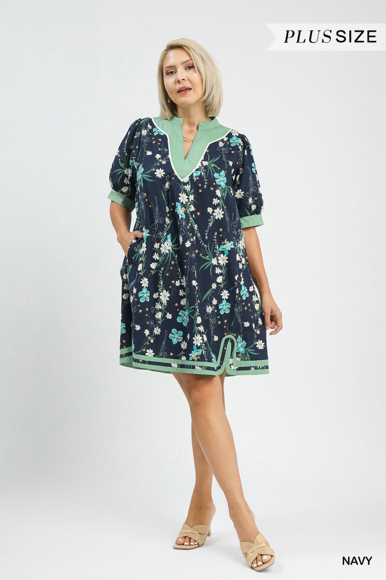 Plus Size Umgee Floral Puff Sleeve Dress with Contrast Trim
