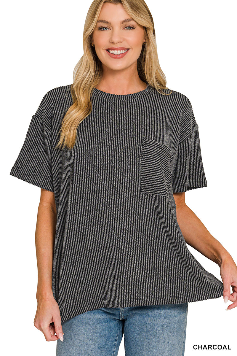 Zenana-RAISED RIB SHORT SLEEVE FRONT POCKET TOP