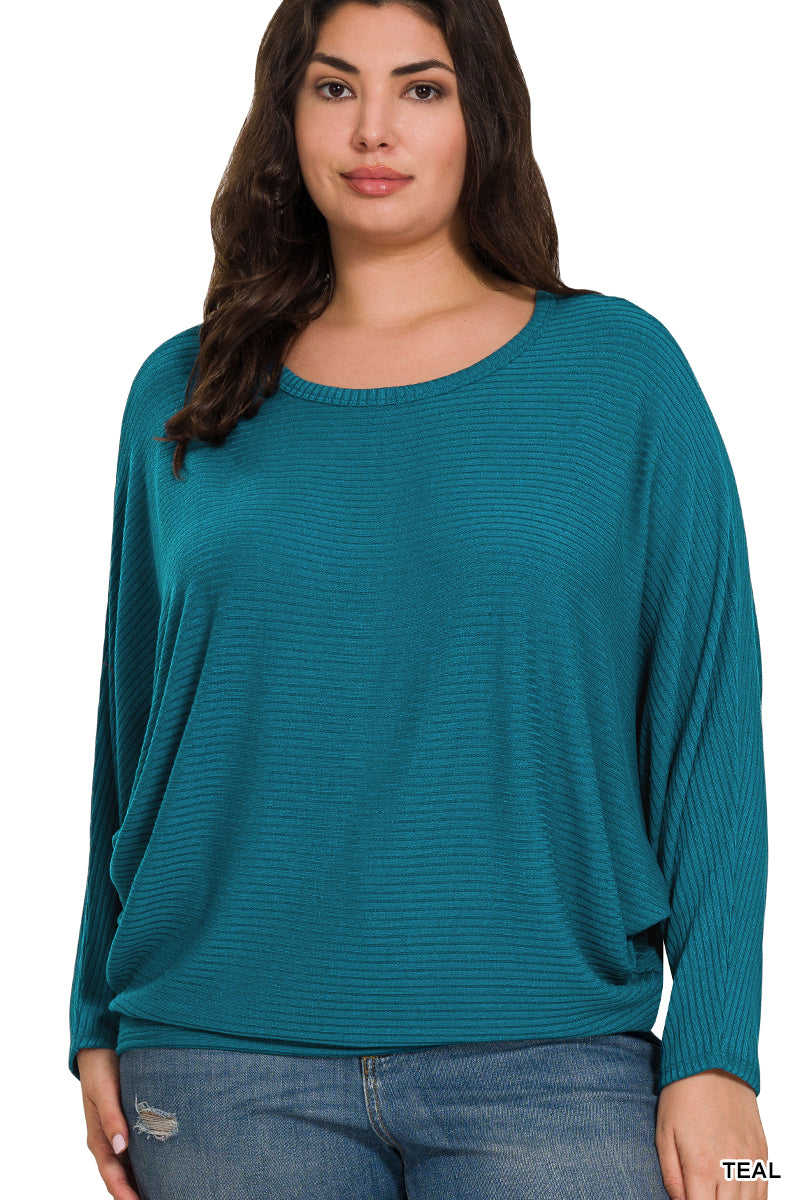 Zenana- PLUS RIBBED BATWING LONG SLEEVE BOAT NECK SWEATER