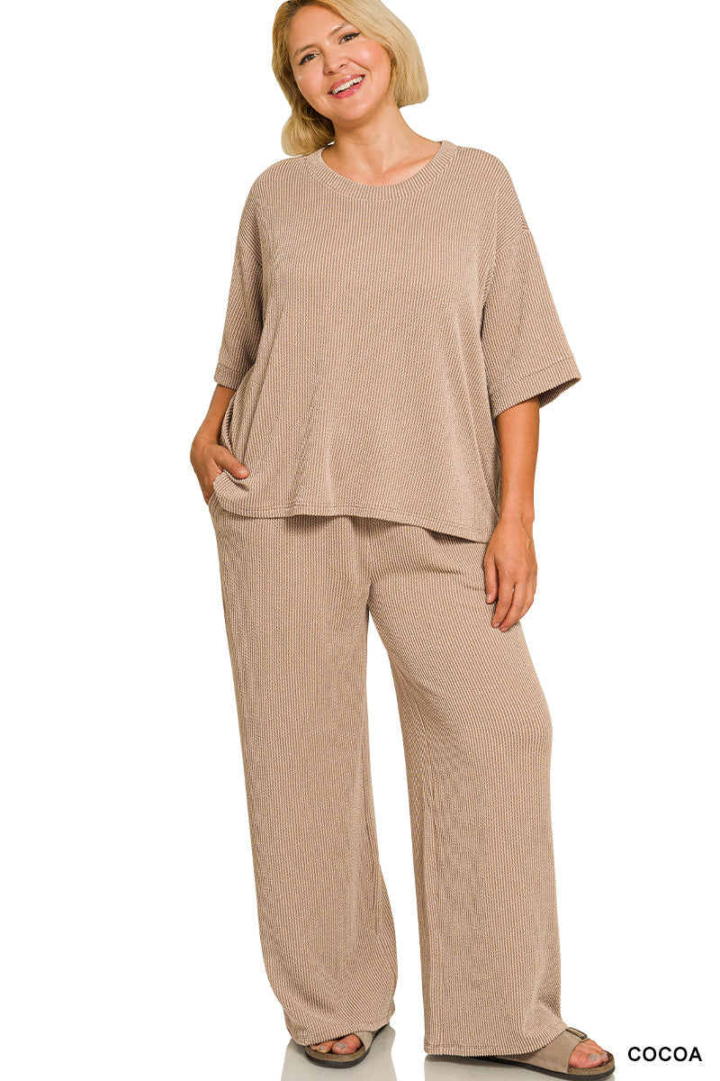 PLUS-Zenana RAISED RIB SHORT SLEEVE TEE & PANTS SET