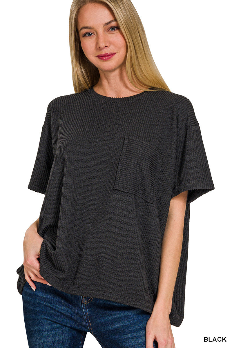 Zenana-RAISED RIB SHORT SLEEVE FRONT POCKET TOP