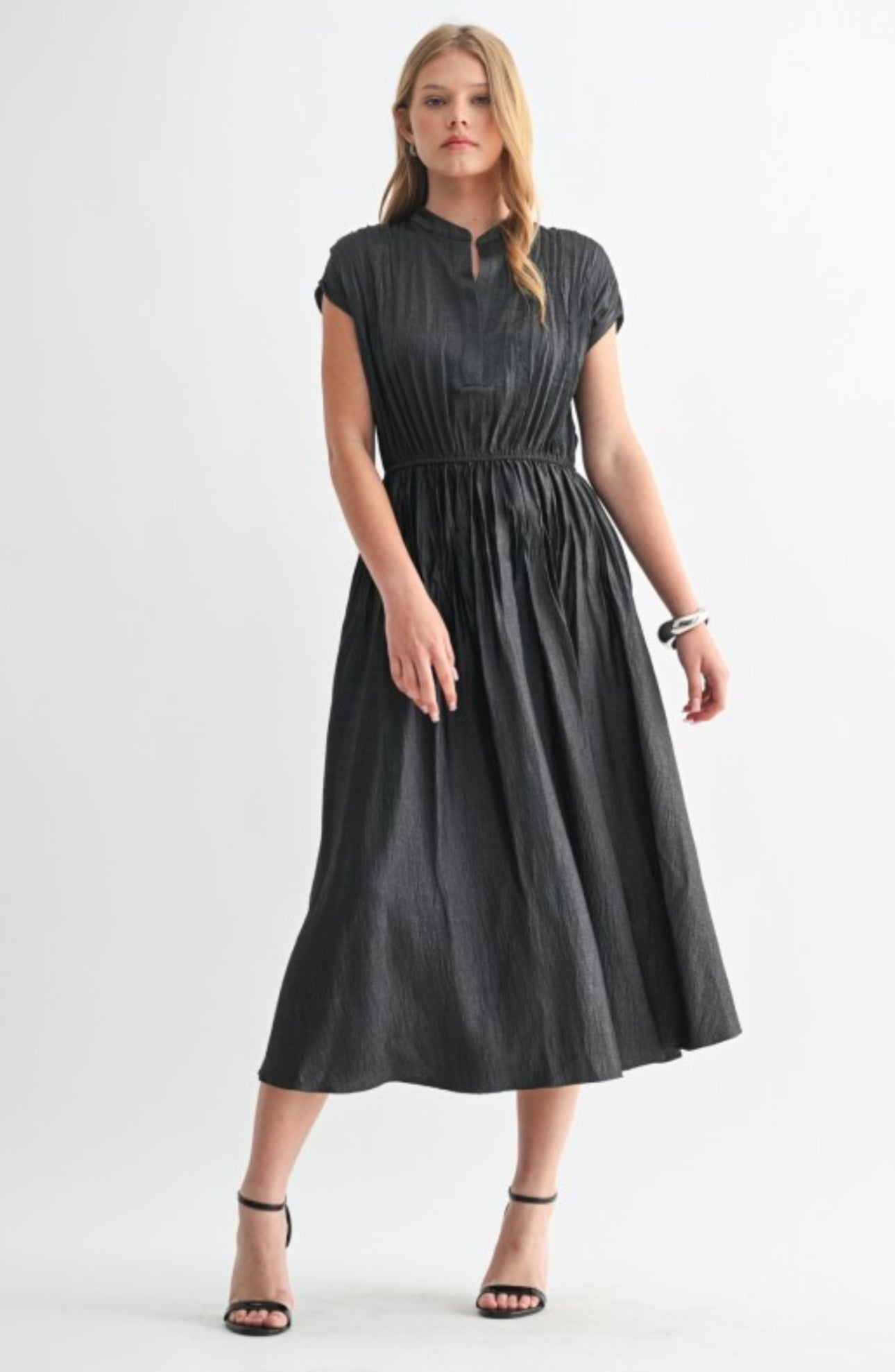 Texture Satin Pleat Drop Shoulder Midi Dress