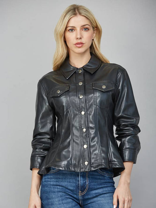 Faux Leather Cinched 3/4 Slv Jacket
